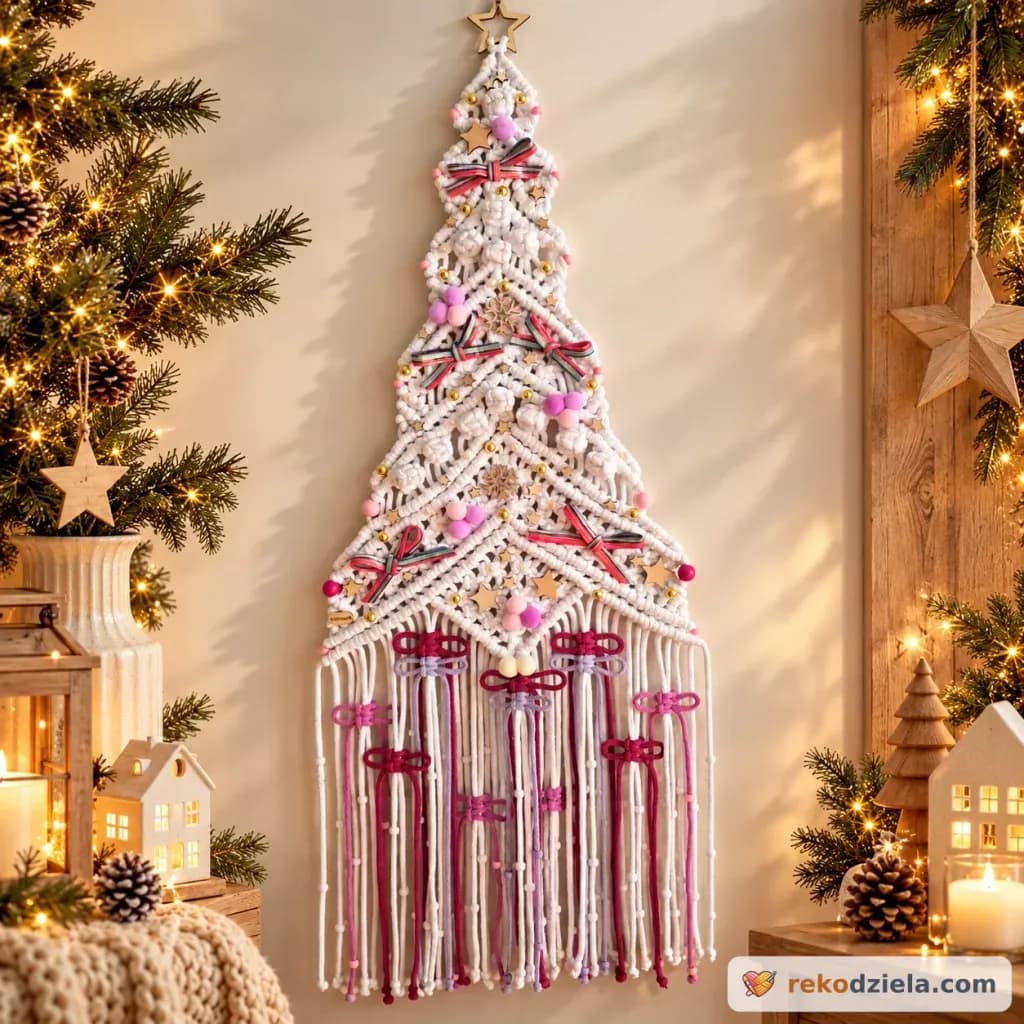 Choinka z makramy XXL 87 cm – ozdoba świąteczna boho